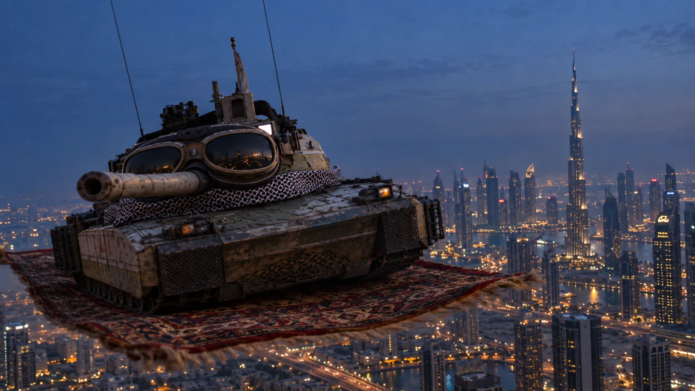 Habibi: a tank on a flying carpet above Dubai
